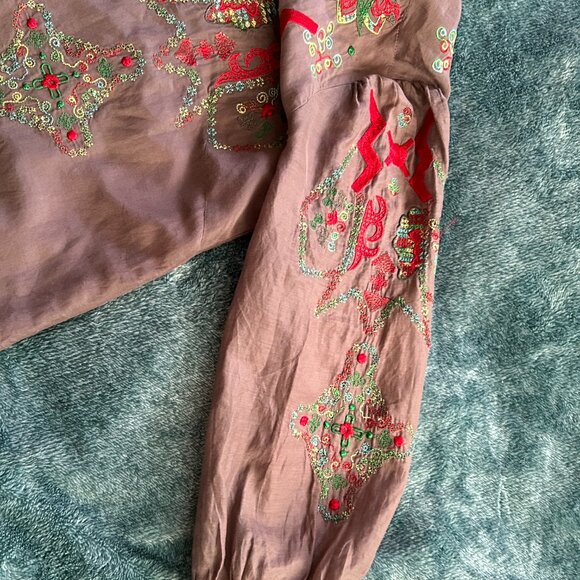 Sole Mio Brown Embroidery Cotton Blouse Size M - Picture 9 of 9